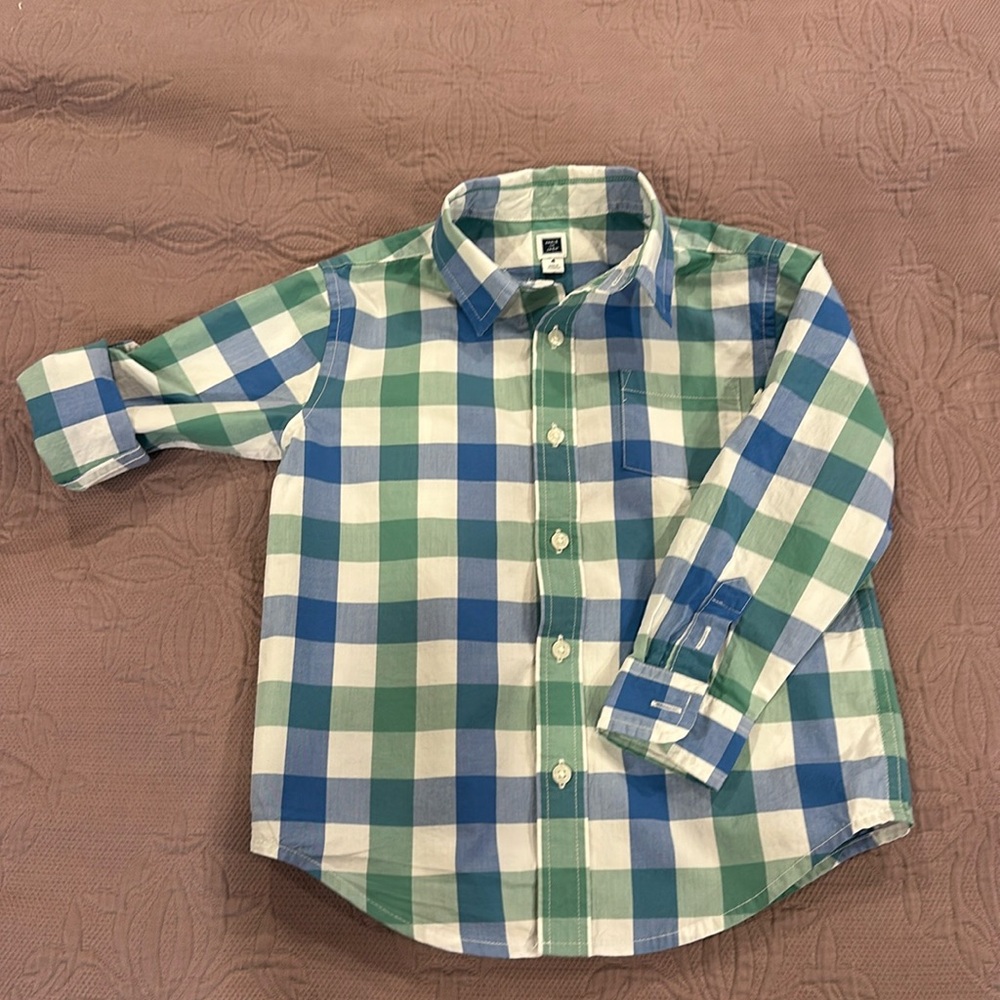 Janie and Jack boys 4 Plaid button down Green Blue White